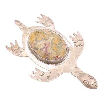 925 Sterling Silver Vintage Brooch Pin CII MEXICO Jasper Sea Turtule  BP12597