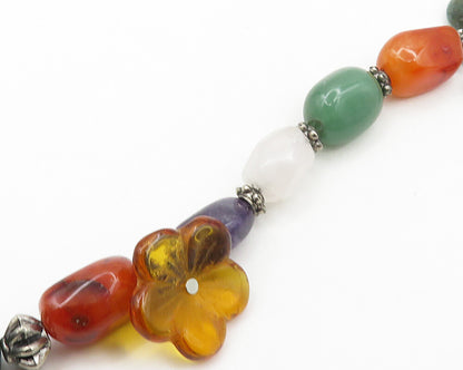 925 Silver  Vintage Amethyst Jade Amber Agate & Quartz Chain Bracelet  BT7839