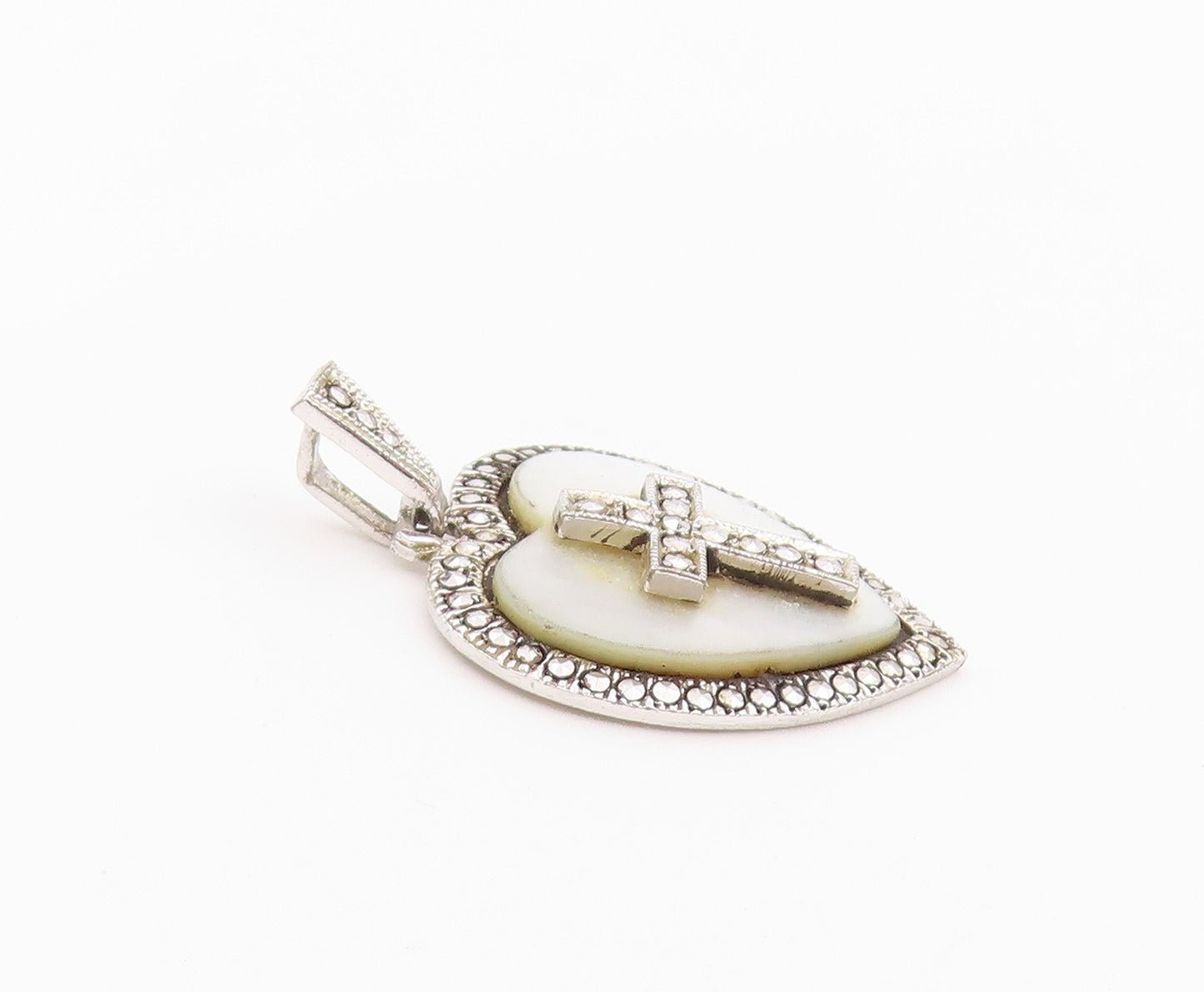 925 Sterling Silver Vintage Pendant Mother Of Pearl Love Heart & Cross  PT26413