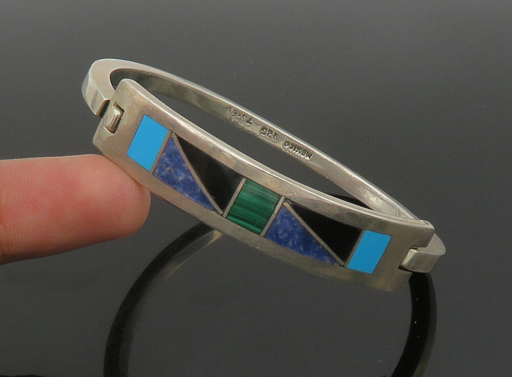 MEXICO 925 Silver  Vintage Turquoise Onyx & Sodalite Bangle Bracelet  BT9209