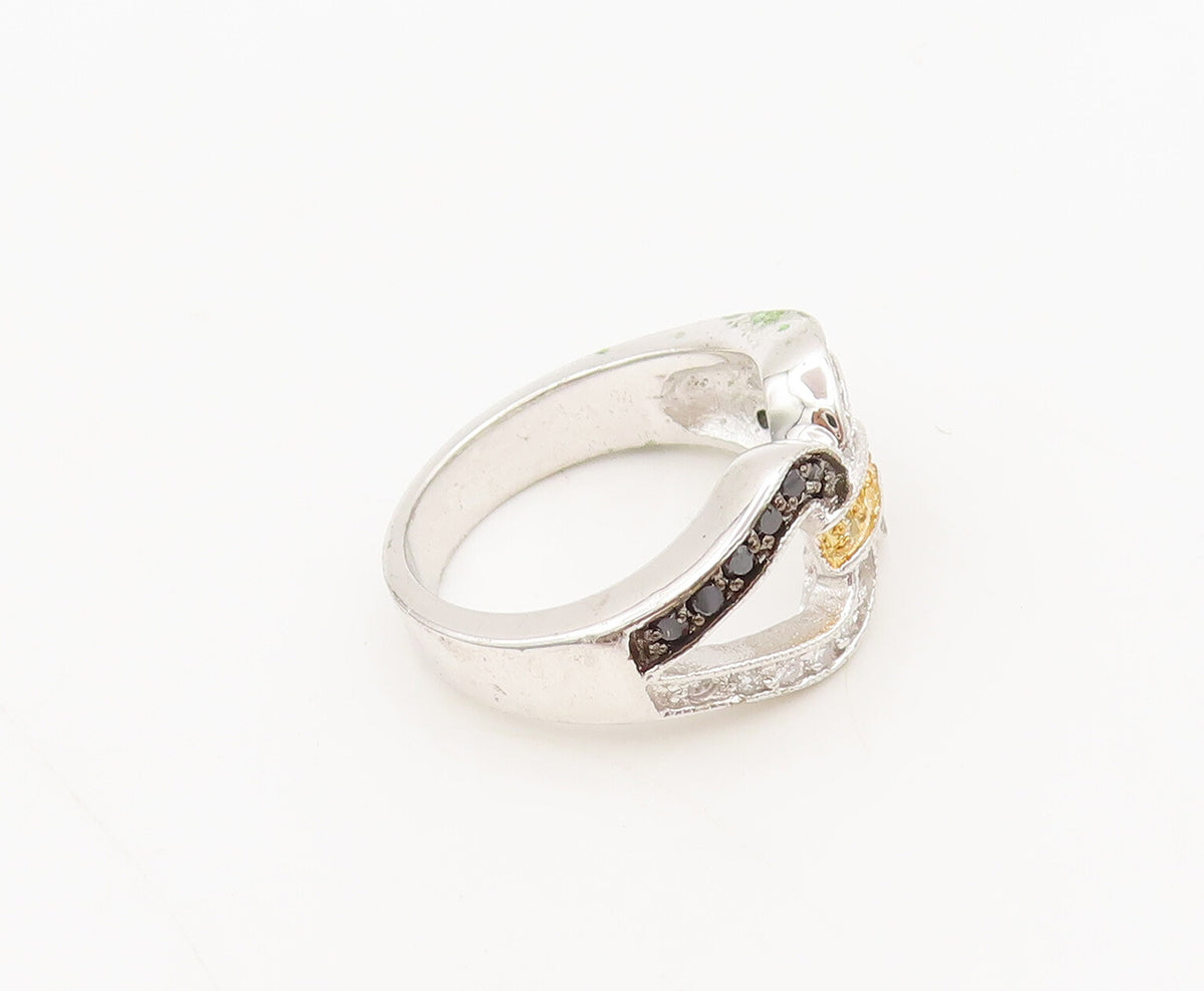 925 Silver  Vintage Inlay Black White & Golden CZ Lock Loop Ring Sz 7  RG27255
