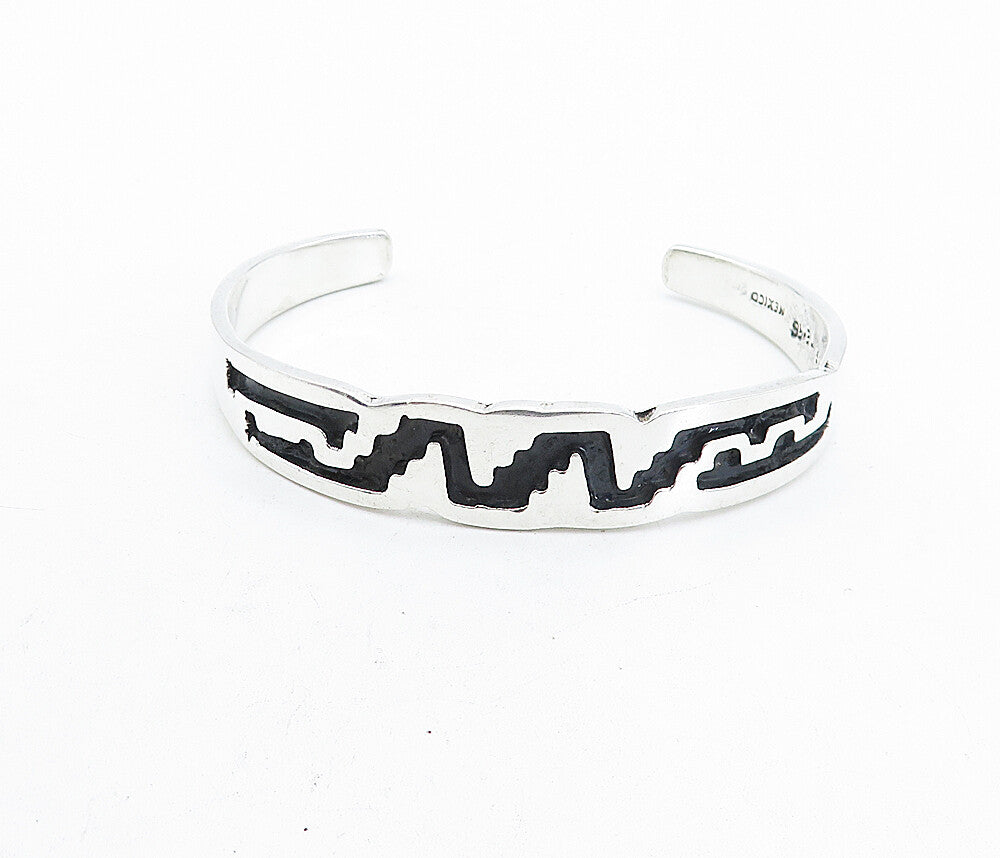 MEXICO 925 Sterling Silver  Vintage Shiny Enamel Pattern Cuff Bracelet  BT1597