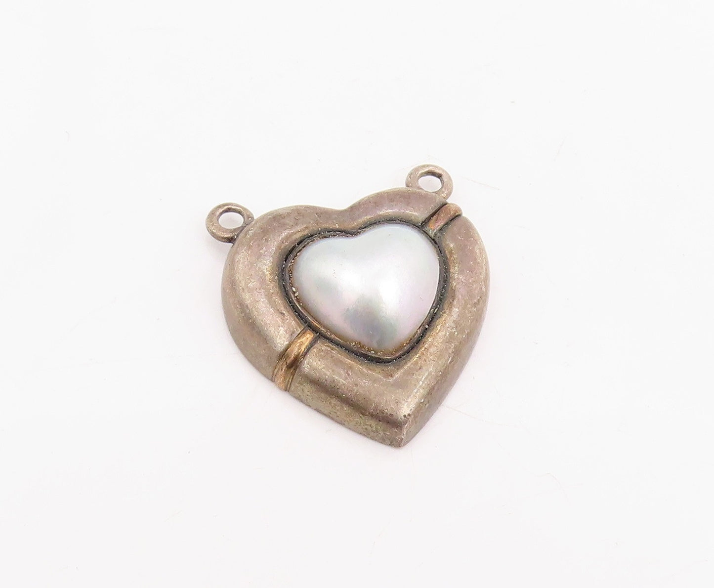14k Gold & 925 Sterling Silver Vintage Pendant Pearl Love Heart Charm   PT25848