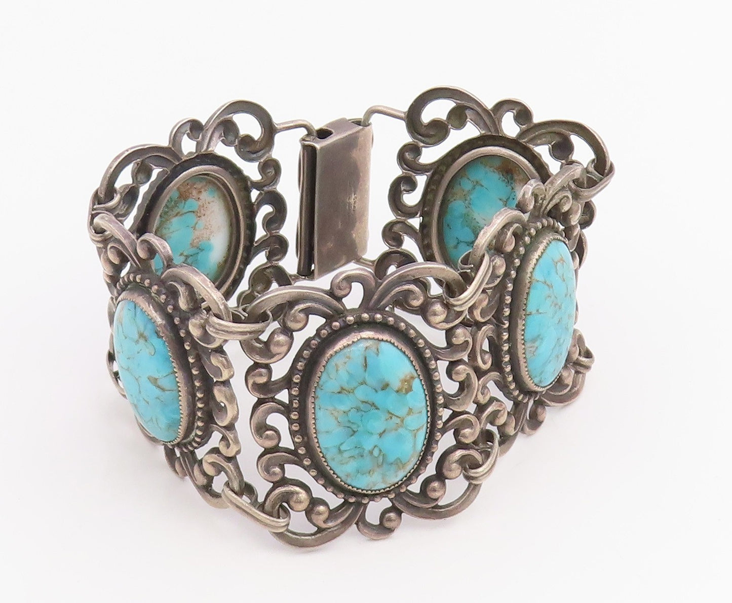 925 Sterling Silver Vintage Bracelet DANECRAFT Oval Turquoise Wide Link  BT11859