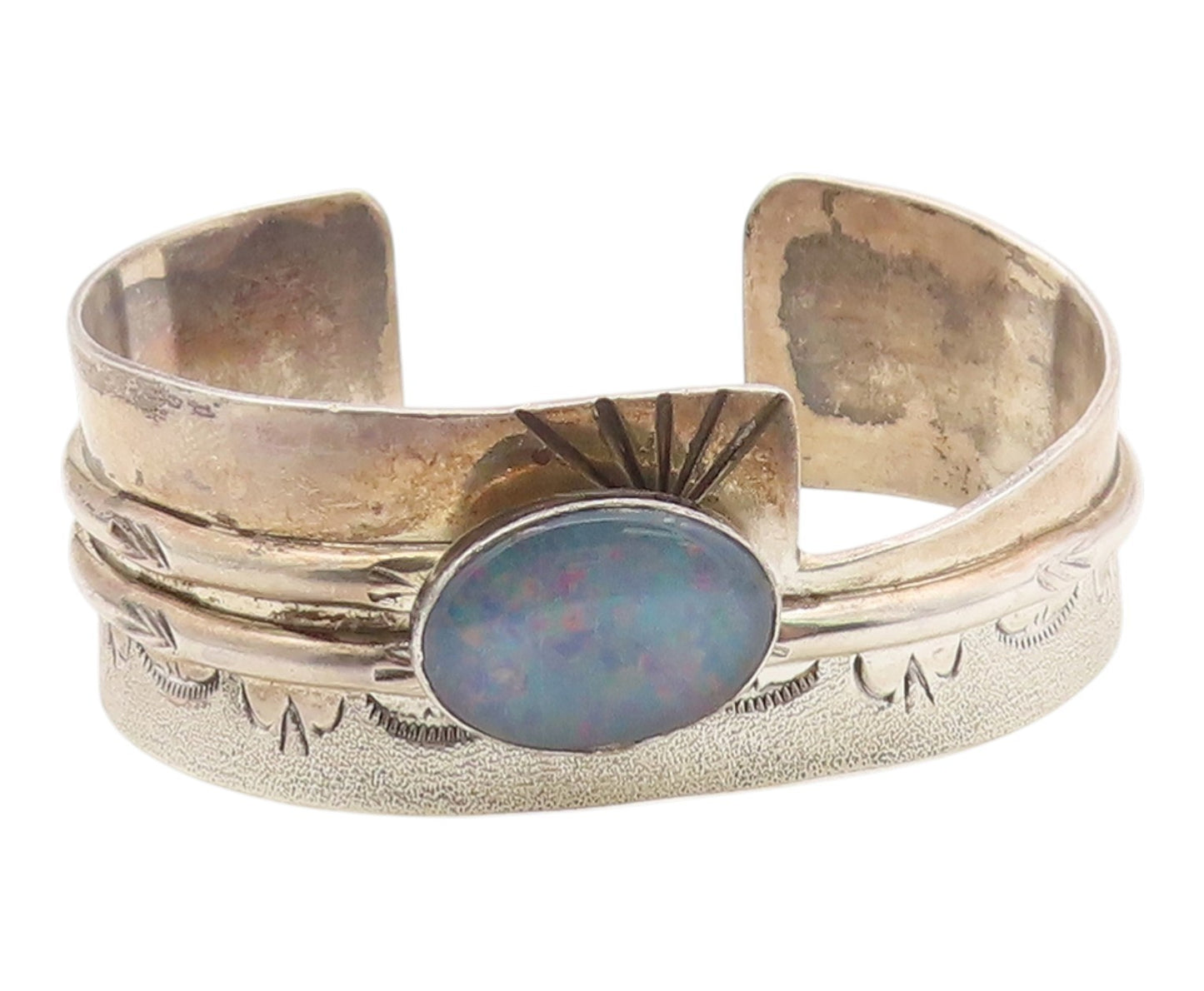 925 Sterling Silver Vintage Bracelet NAVAJO Fire Opal Arrow & Sunburst BT12098
