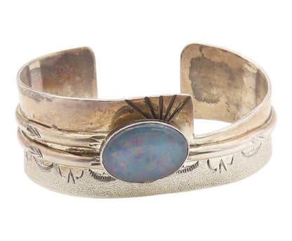 925 Sterling Silver Vintage Bracelet NAVAJO Fire Opal Arrow & Sunburst BT12098