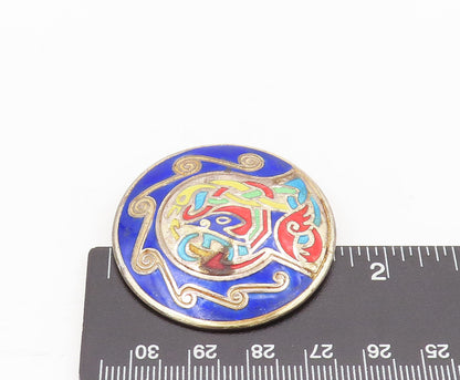 EUROPE 925 Sterling Silver  Vintage Swirly Enameled Round Brooch Pin  BP10463
