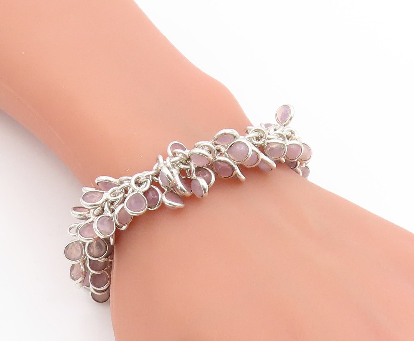 925 Sterling Silver Vintage Bracelet Modernist Rose Quartz Cluster Link  BT11936