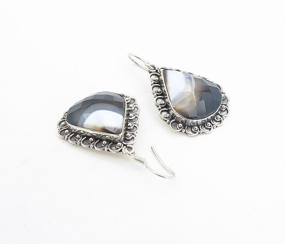 925 Sterling Silver  Vintage Faceted Agate Bordered Dangle Earrings  EG3363