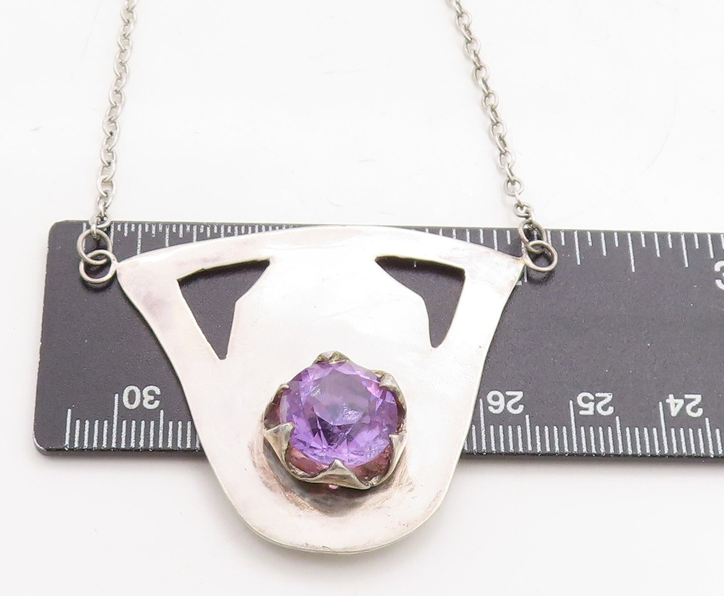 925 Sterling Silver  Vintage Amethyst Cutout Pendant Chain Necklace  NE1857