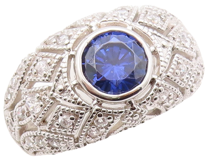 925 Sterling Silver Vintage Ring Designer Cut Sapphire & CZ Inlay Sz 7.5 RG30816
