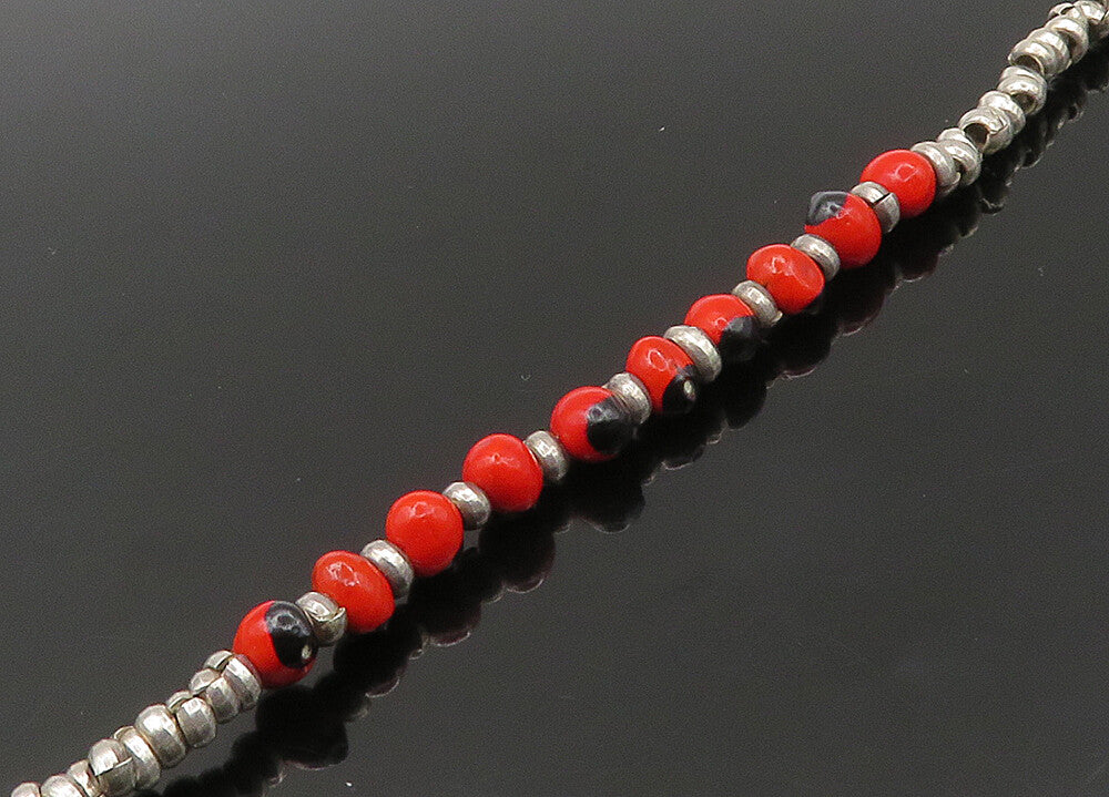 925 Sterling Silver  Vintage Red Enamel Beaded Pattern Chain Necklace  NE3652