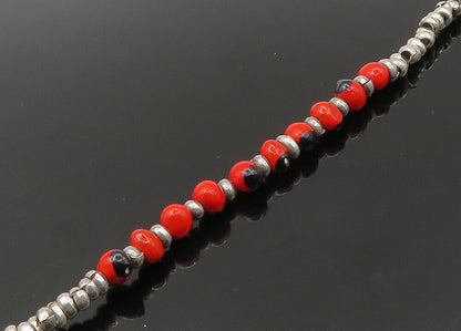925 Sterling Silver  Vintage Red Enamel Beaded Pattern Chain Necklace  NE3652