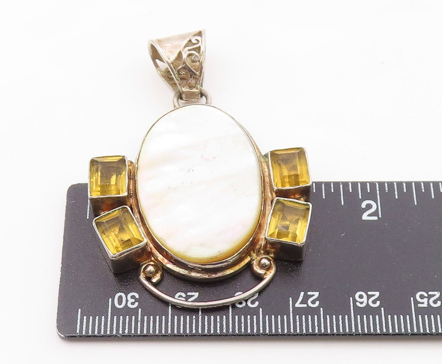 925 Sterling Silver  Vintage Mother Of Pearl & Citrine Swirl Pendant  PT7413