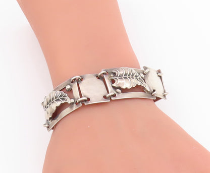 925 Sterling Silver Vintage Bracelet Carved Floral Leaf Panel Link Chain BT11479