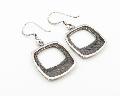 925 Sterling Silver  Vintage Shiny Cobble Etched Square Drop Earrings  EG5789