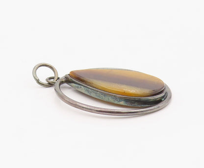 925 Sterling Silver Vintage Pendant Classic Tiger's Eye Geometric Charm  PT26349