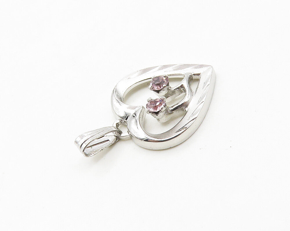 925 Sterling Silver  Shiny Petite Pink Topaz Open Love Heart Pendant  PT13881