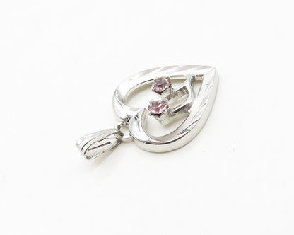 925 Sterling Silver  Shiny Petite Pink Topaz Open Love Heart Pendant  PT13881