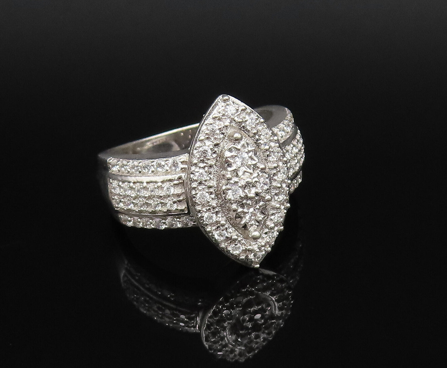925 Silver  Vintage Multi Cubic Zirconia Marquise Frame Ring Sz 8  RG25807