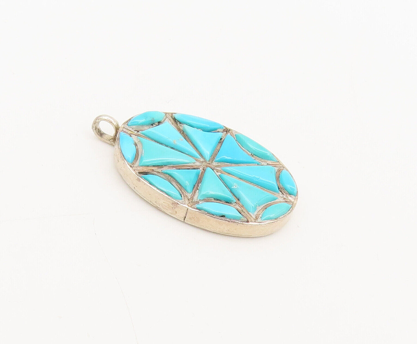 ZUNI NAVAJO 925 Silver  Vintage Spider Turquoise Cutout Oval Pendant PT22306