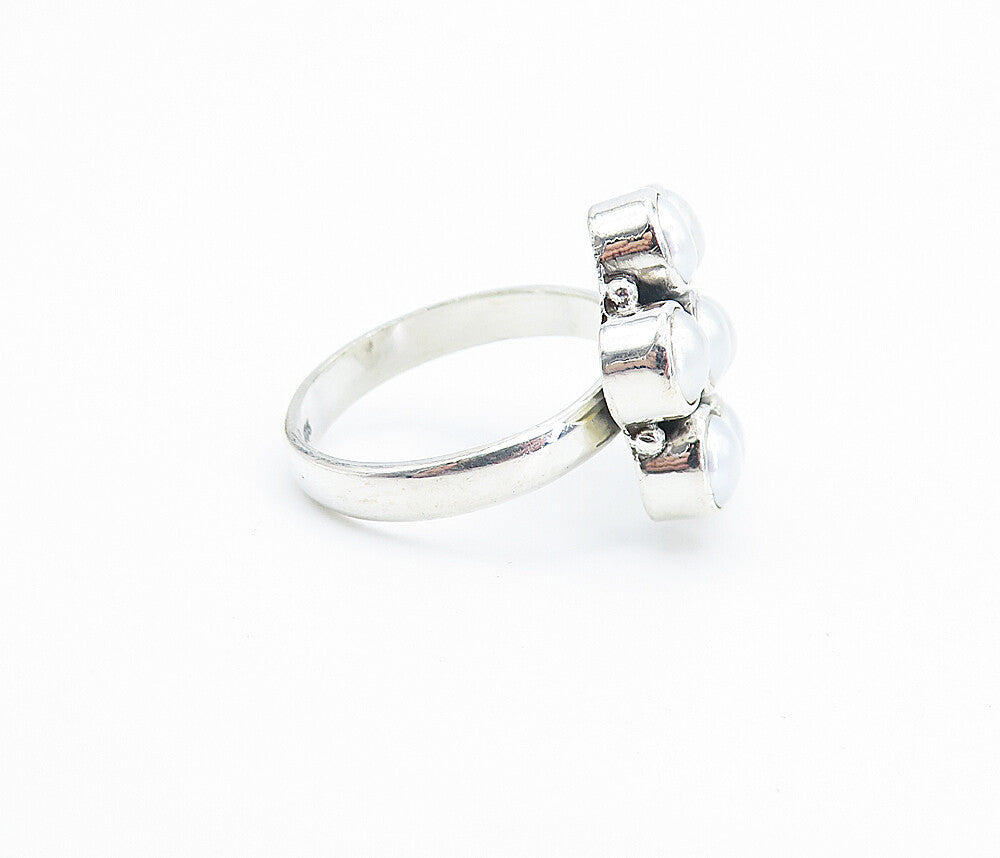 925 Sterling Silver  Freshwater Pearls Floral Style Cocktail Ring Sz 7  RG8090