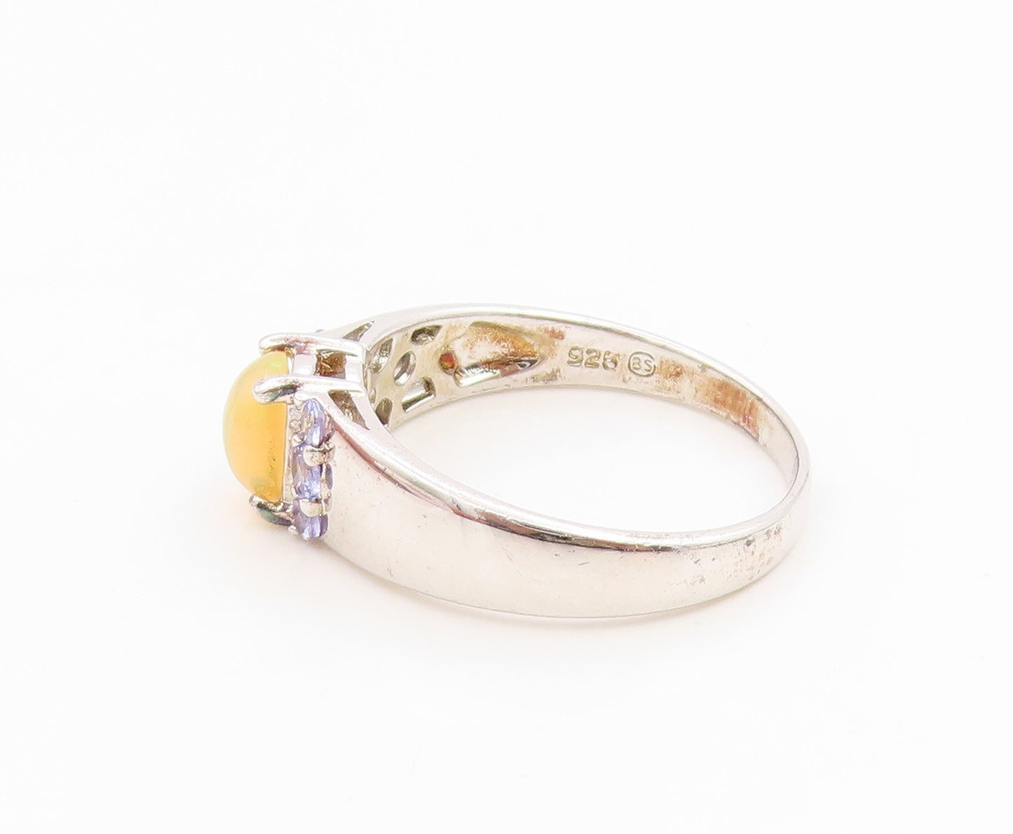 925 Sterling Silver Vintage Ring Oval Fire Opal & Tanzanite Band  Sz 10  RG35983