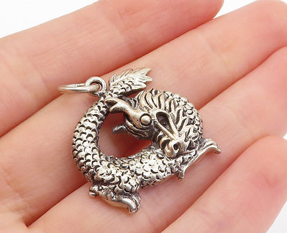 925 Sterling Silver  Vintage Dark Tone Etched Dragon Motif Pendant  PT5481