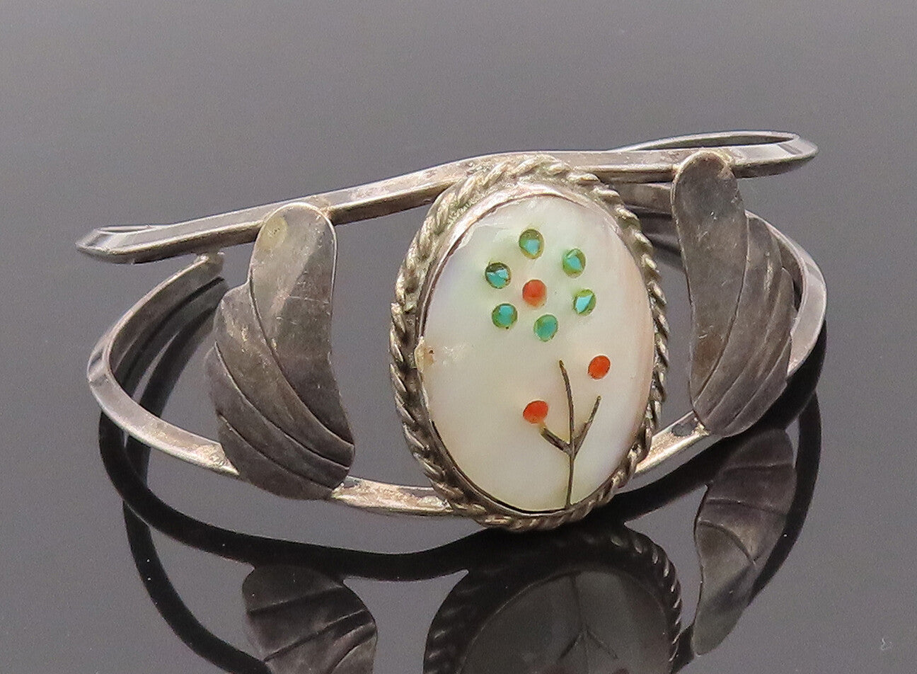 925 Sterling Silver Vintage Bracelet NAVAJO ZUNI Mother Of Pearl Flower  BT10165
