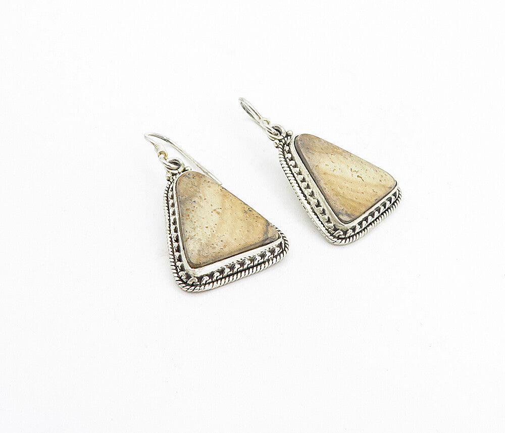 925 Sterling Silver  Vintage Jasper Triangle Twist Dangle Earrings  EG3706