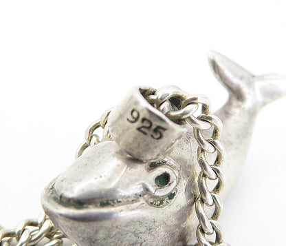 925 Sterling Silver  Vintage Hollow Whale Pendant Thin Chain Necklace  NE1441