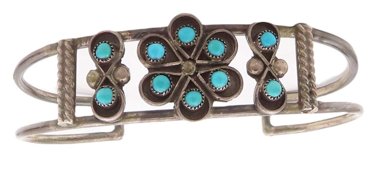 925 Sterling Silver Vintage Bracelet NAVAJO Floral Cutout Turquoise Cuff BT10522