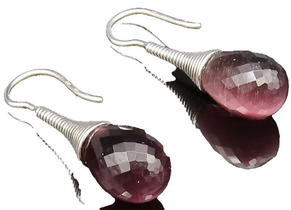 EUROPEAN 925 Silver  Vintage Fancy Purple Cat's Eye Dangle Earrings  EG12027