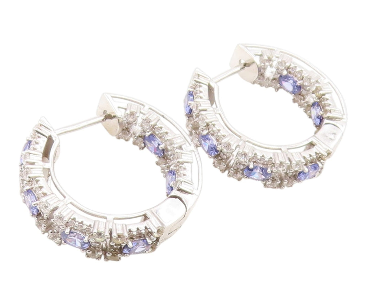 925 Sterling Silver Vintage Earrings Tanzanite Halo Sapphire Hoops  EG14335