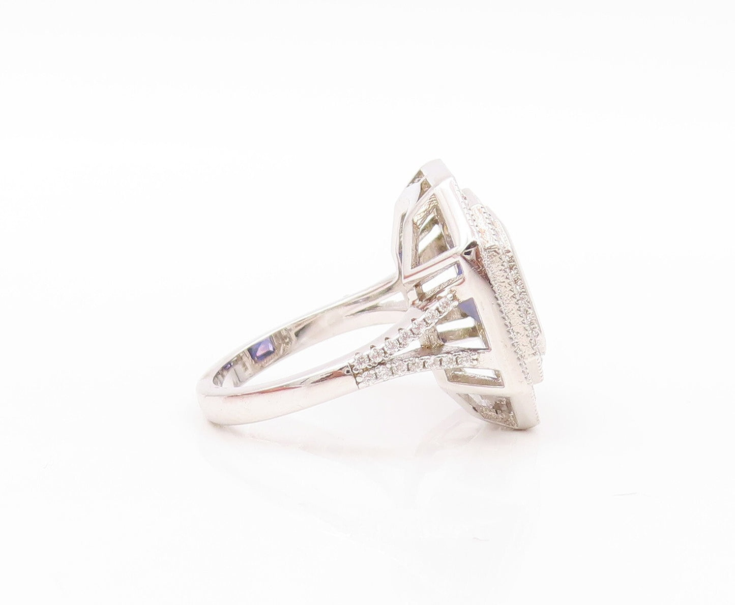 925 Sterling Silver Vintage Ring Square Sapphire Halo CZ Bands  Sz 7  RG30786