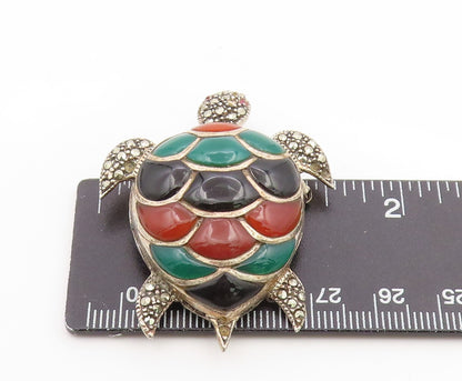 925 Sterling Silver Vintage Brooch Pin Multi Gemstone Turtle Charm  BP12276