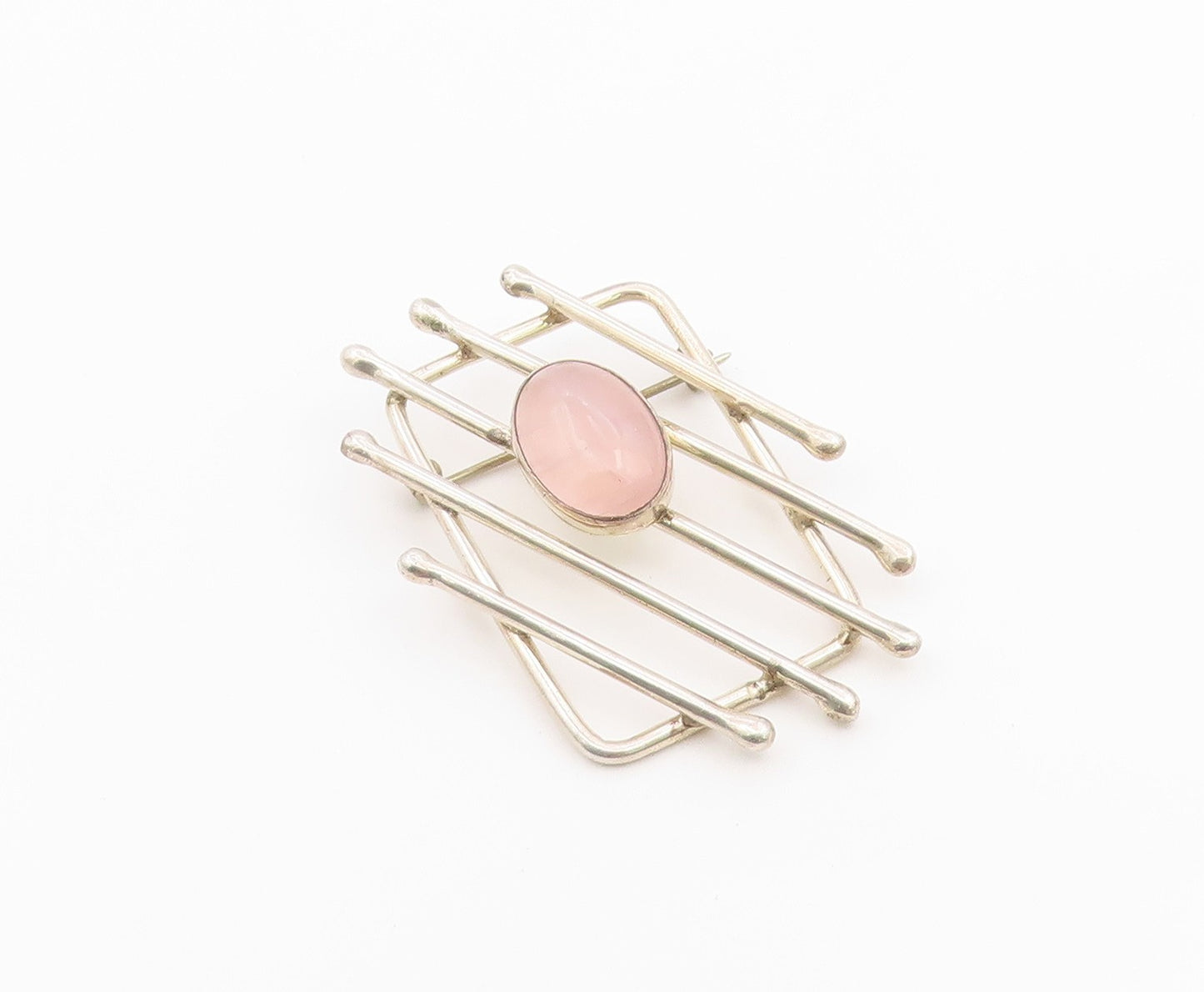 925 Sterling Silver Vintage Brooch Pin Rose Quartz Geometric Lattice  BP12596