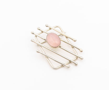 925 Sterling Silver Vintage Brooch Pin Rose Quartz Geometric Lattice  BP12596