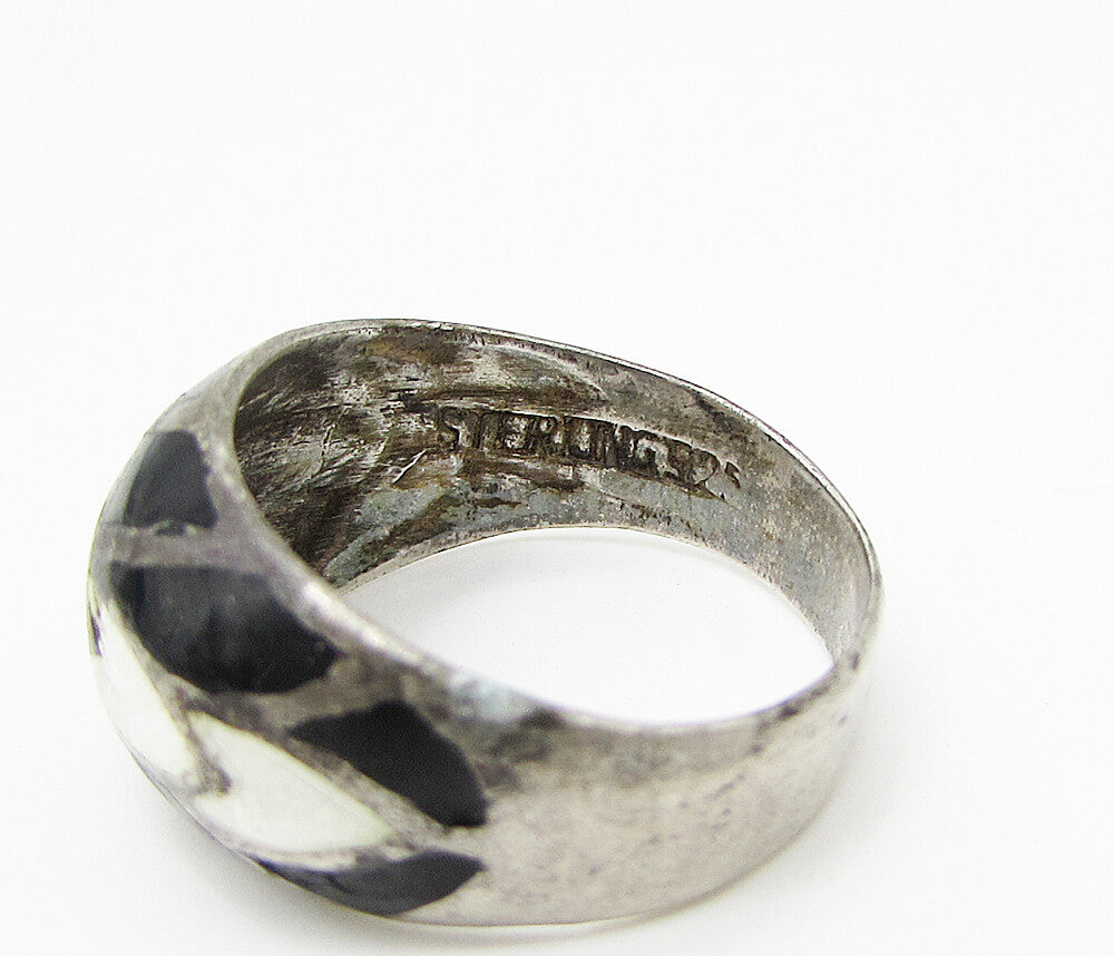 925 Sterling Silver  Vintage Enamel Love Heart Band Ring Sz 7.5  RG2996