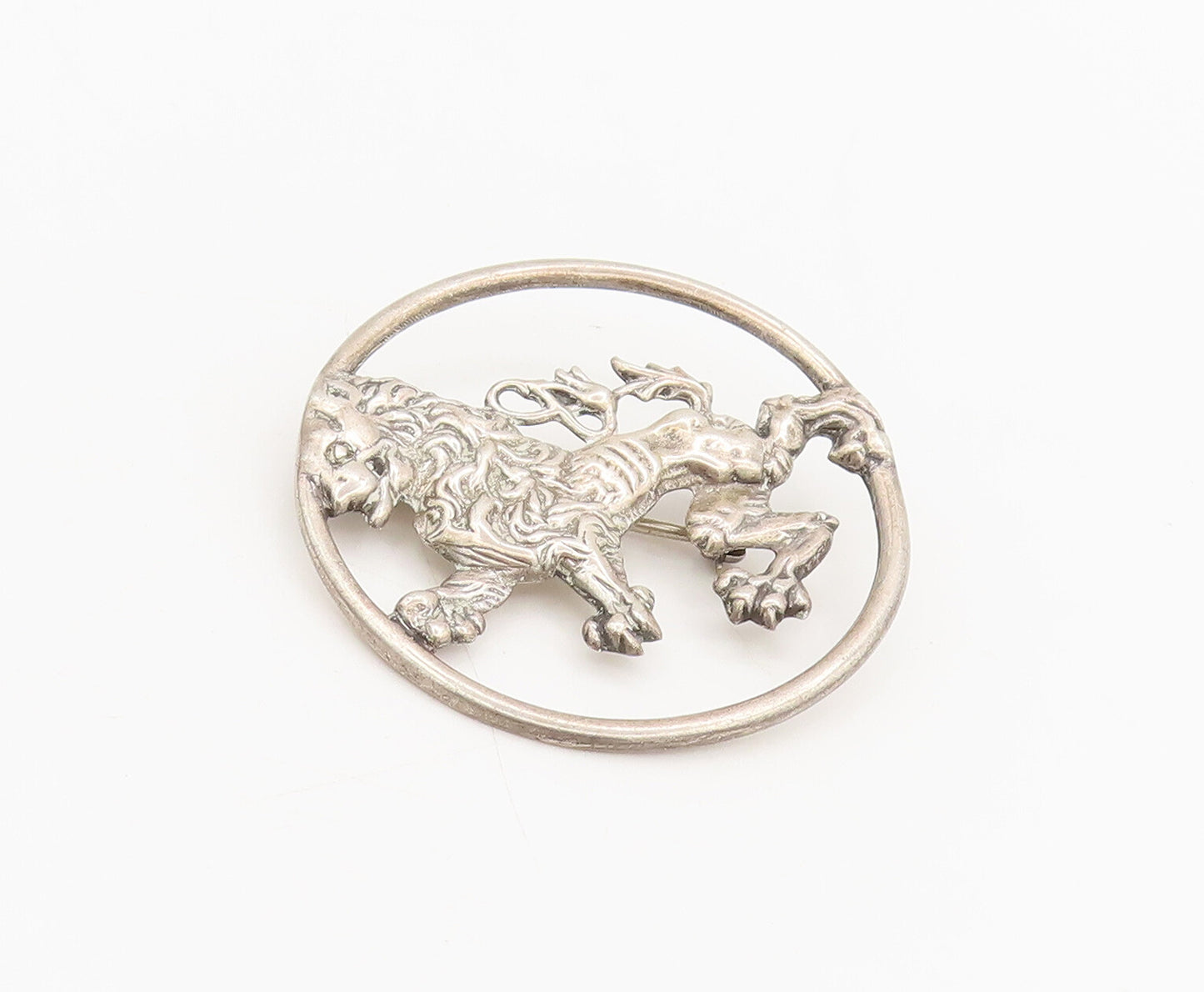 925 Sterling Silver  Vintage Designer Carved Tiger Round Brooch Pin  BP10340