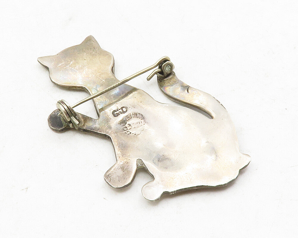 MEXICO 925 Sterling Silver  Vintage Abalone Siting Cat Brooch Pin  BP4684