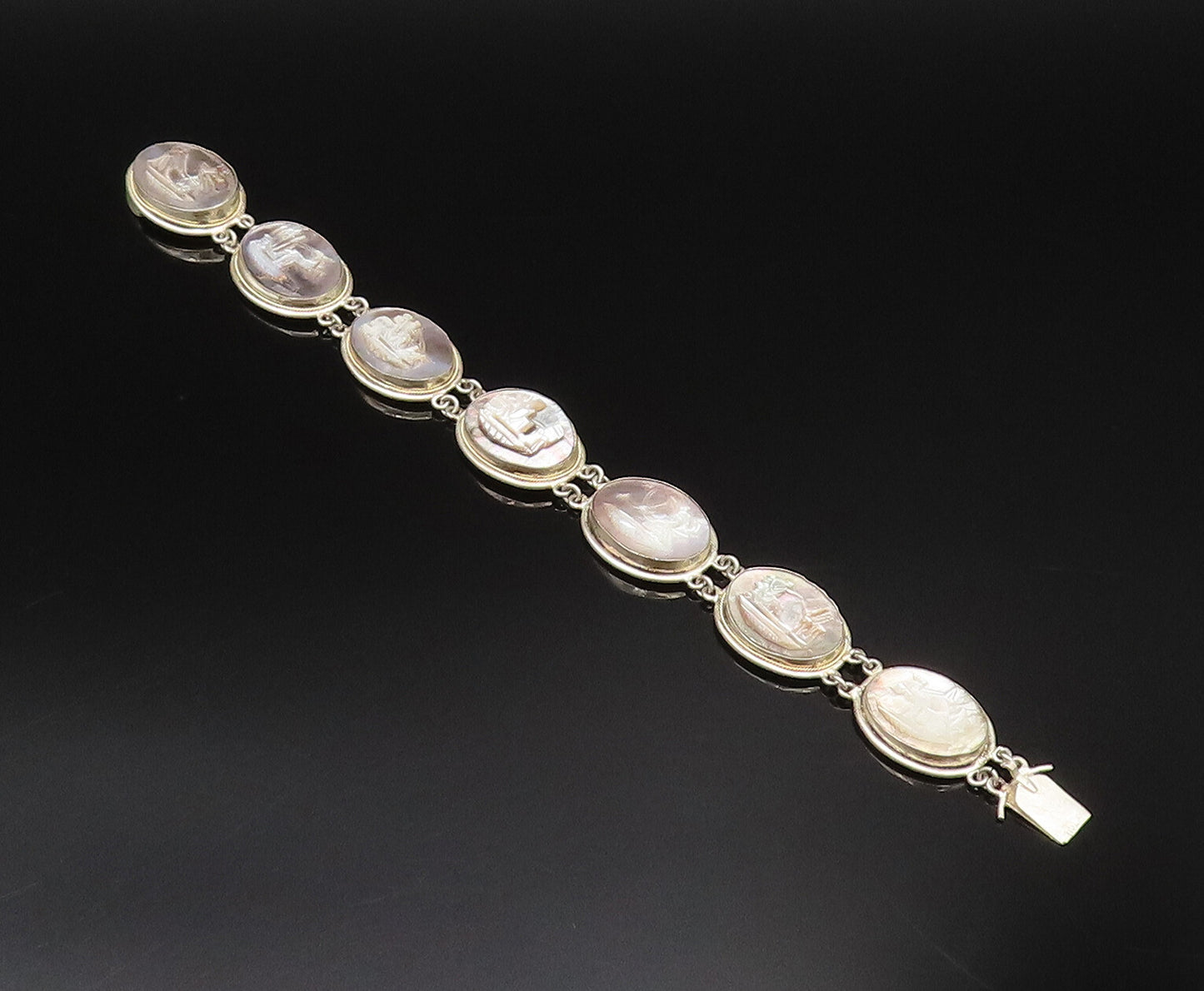 925 Silver  Vintage Carved Mother Of Pearl Sailboat Scenery Bracelet  BT9676