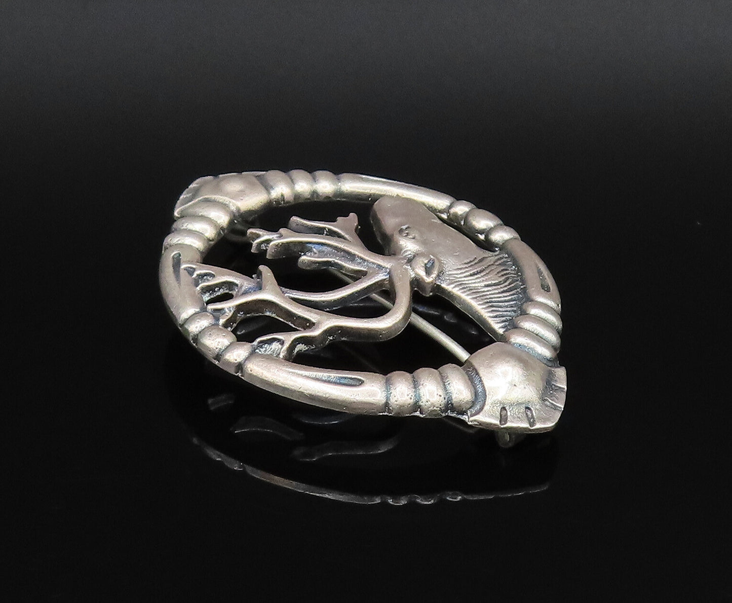 EUROPEAN 925 Silver  Vintage Antique Deer Head Cutout Brooch Pin  BP9879