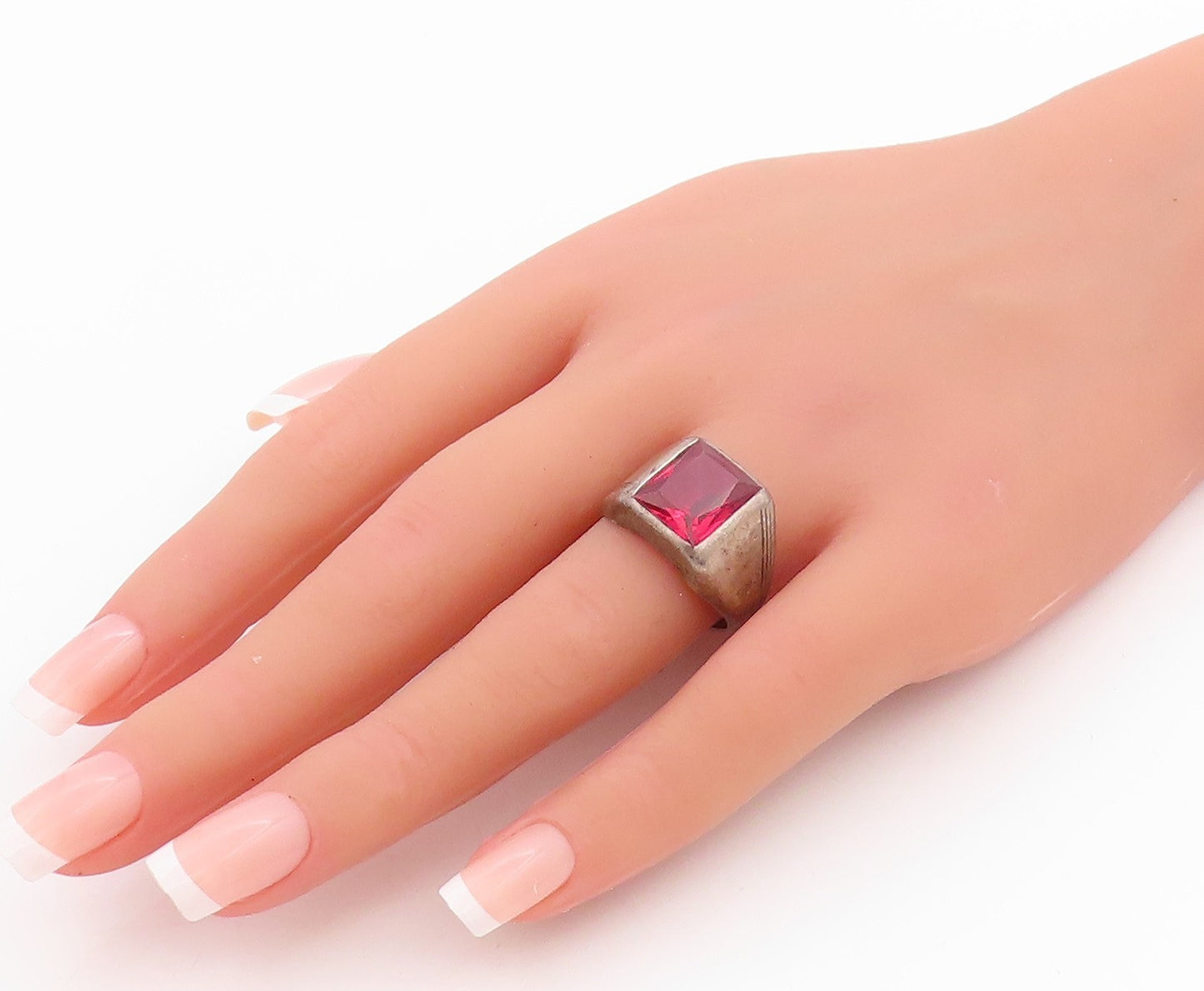 925 Sterling Silver Vintage Ring Antique Rectangle Pink CZ Inlay  Sz 9  RG33332