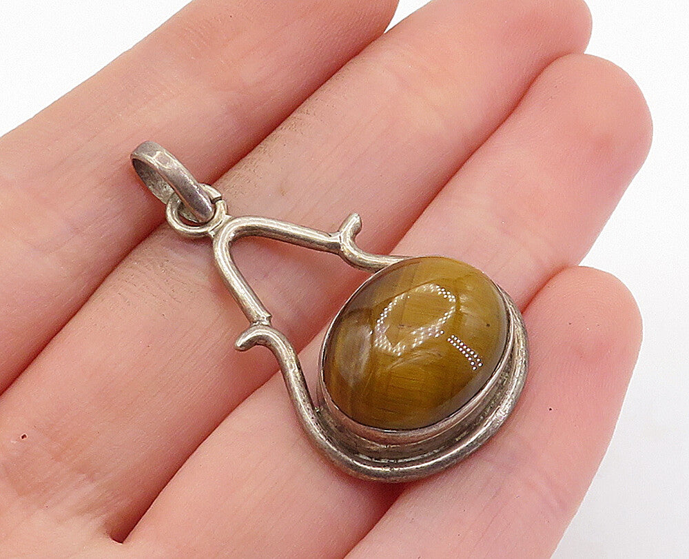 925 Sterling Silver Vintage Cabochon Cut Tiger's Eye Oval Pendant PT4600