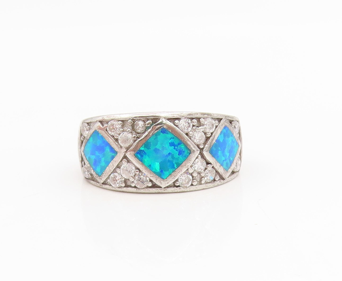 925 Sterling Silver Vintage Ring Fire Opal & CZ Statement Band  Sz 7  RG35023