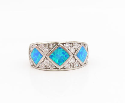 925 Sterling Silver Vintage Ring Fire Opal & CZ Statement Band  Sz 7  RG35023
