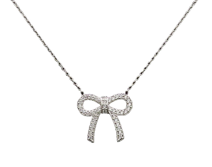 925 Sterling Silver  Vintage Minimalist CZ Bow Thin Chain Necklace  NE4086