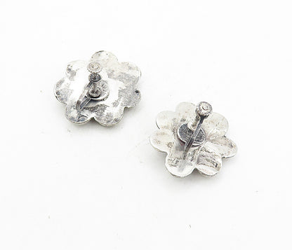 MEXICO 925 Silver Vintage Antique Jasper Floral Non Pierce Earrings EG4174