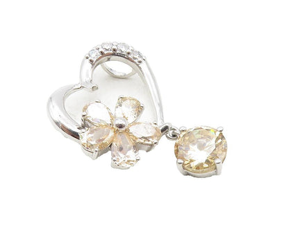 925 Sterling Silver  Shiny Topaz Dangling Floral Love Heart Pendant  PT7308